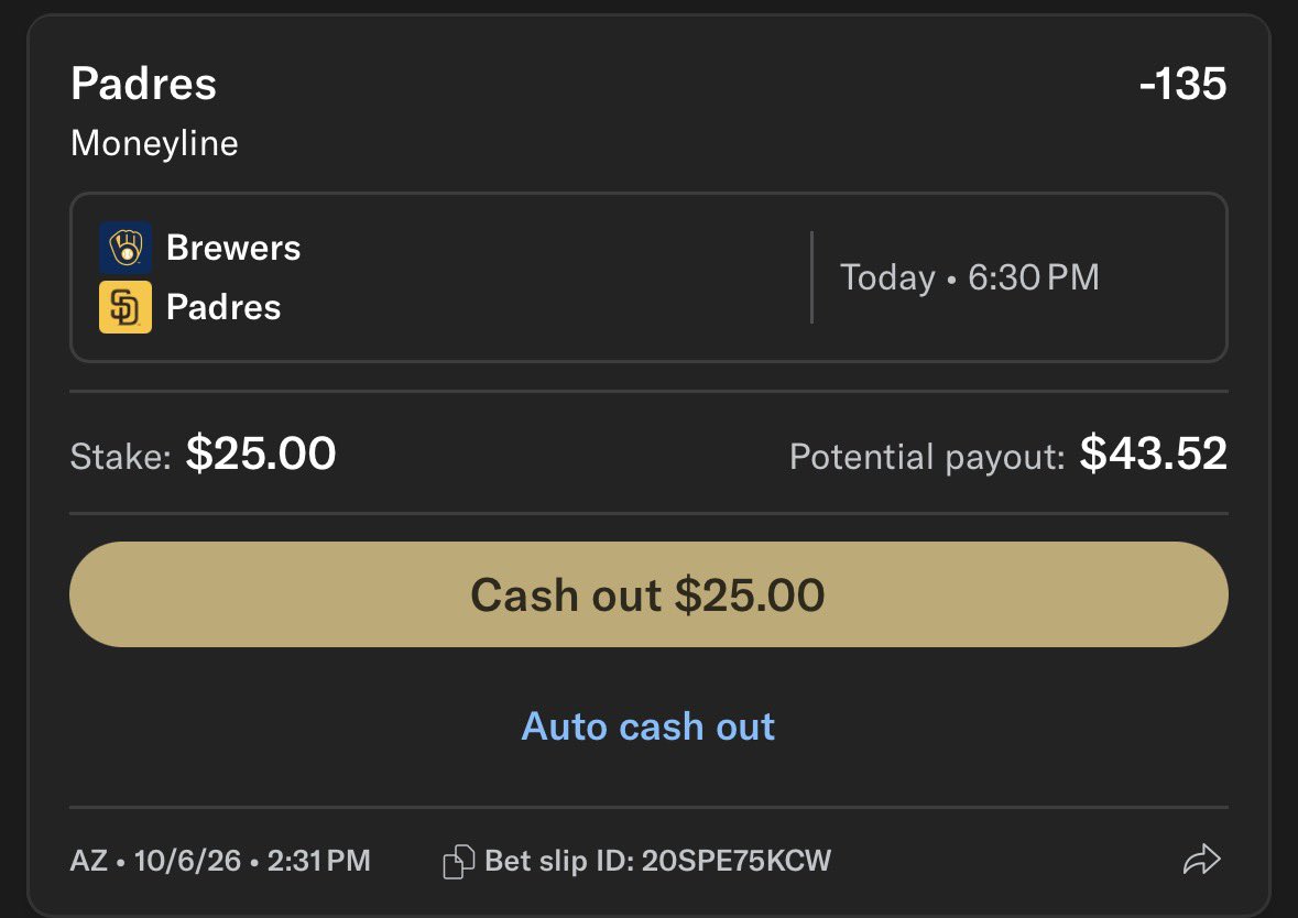 El_Lynch20's tweet photo. Padres ML ⚾️ #Gambling𝕏 #MLB @BetMGM https://t.co/XNEvTqPnUH