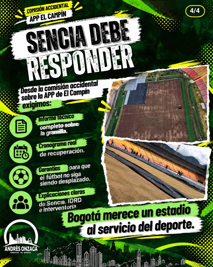 andresonzaga's tweet photo. En el Concejo de Bogotá creamos y coordinamos una subcomisión de seguimiento a la APP de El Campín,junto con nuestro colega @leocaste22 . 

Hoy, el estado de la gramilla y la obligación de garantizar la prevalencia deportiva del estadio exigen respuestas claras de Sencia.🧵 https://t.co/wcjL8AONJc