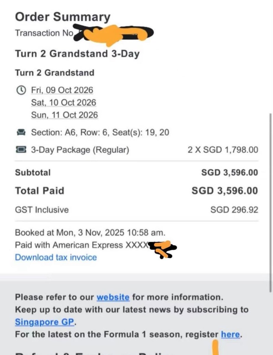 Ticketsradar1's tweet photo. Sadly can’t make it to Singapore F1 this year, so selling our 2 tickets! 🏁

🎟️ Singapore F1 2026 — 3-Day Passes
Turn 2 Grandstand | A6, Row 6, Seats 19 & 20
📅 9–11 October
💰 SGD 1,798 each / SGD 3,596 for the pair

Purchased directly from the official Singapore GP. Tickets can be transferred directly via the app.

DM me if interested!

#SingaporeGP #F1Tickets #SingaporeF1 #F1