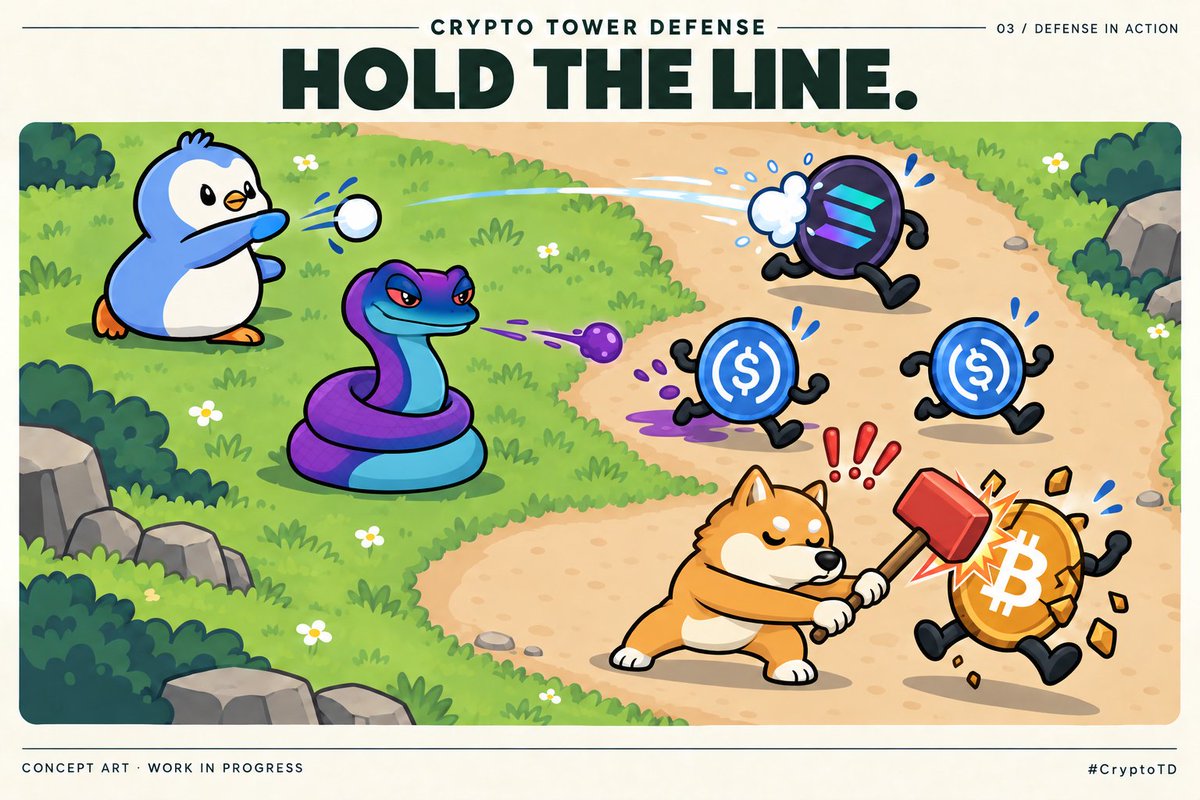ChompyTrades's tweet photo. Hold the line.
$PENGU throws. $SNEK slows. $BONK smashes.
A peek at the defense taking shape in Crypto Tower Defense.
Which tower gets the best spot in your lineup?
Concept art - work in progress
#CryptoTD https://t.co/luXfcT4pjm