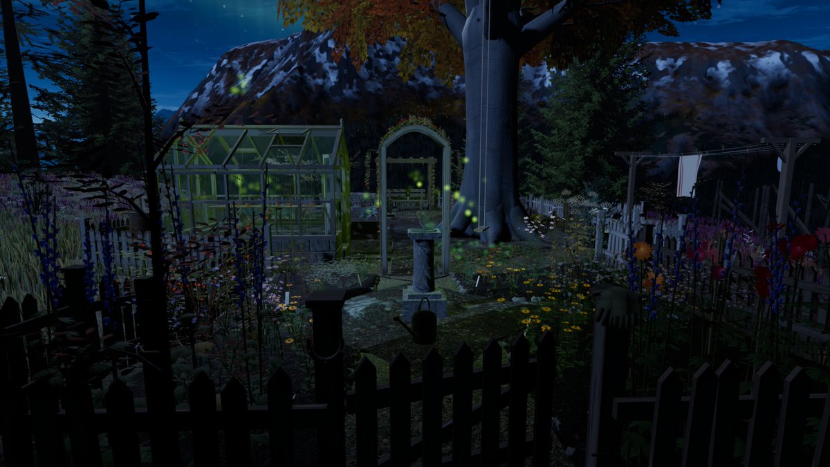 ScarsOfWild's tweet photo. Swapped the white picket fence round my grandmother character's garden for one of old silvered logs, modelled in Blender. Hewn posts at the gates (her gloves still lie on the cap), and a pole gate that Aurora pushes open on her way in. #gamedev #indiedev #b3d https://t.co/cxnfpaJeQV