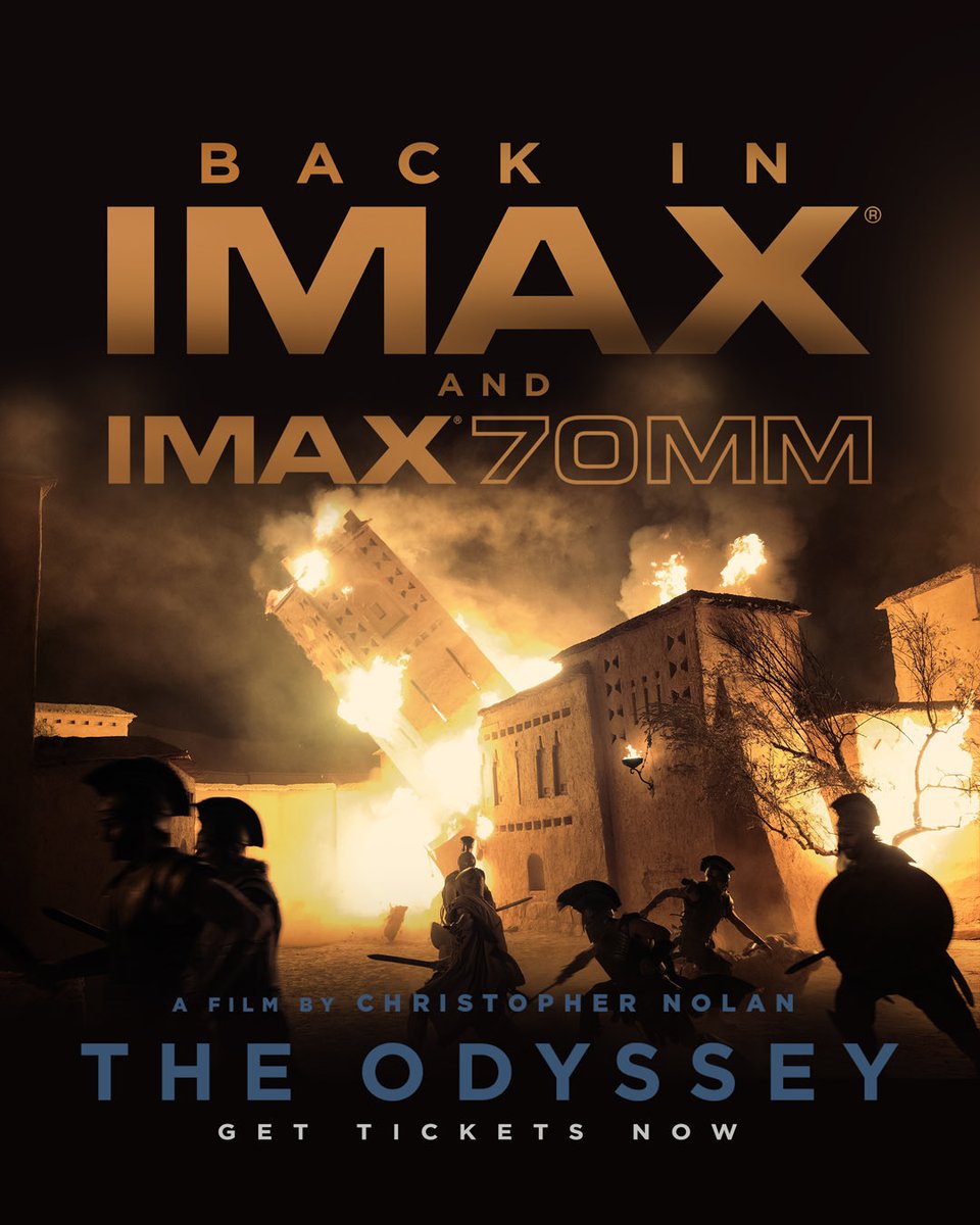 odysseymovie's tweet photo. Christopher Nolan’s The Odyssey is returning to IMAX. Experience it in select IMAX theaters beginning October 9. Get tickets now! https://t.co/CJpon9kfDo