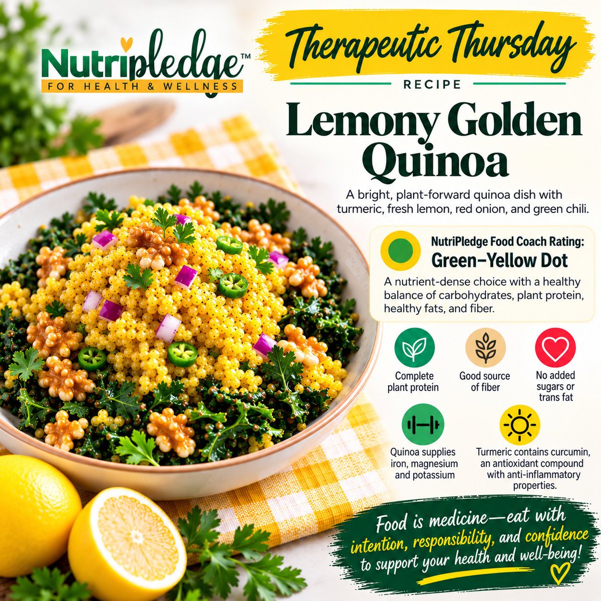 NutriPledge's tweet photo. 🌿Therapeutic Thursday Recipe: Lemony Golden Quinoa 🍋
Bright, nourishing &amp; plant-forward! Quinoa provides complete plant protein and fiber, while turmeric adds naturally occurring antioxidant compounds.
 Get the recipe + nutrition benefits:
👉https://t.co/agfIh2h3jl https://t.co/3UiLICs0aB