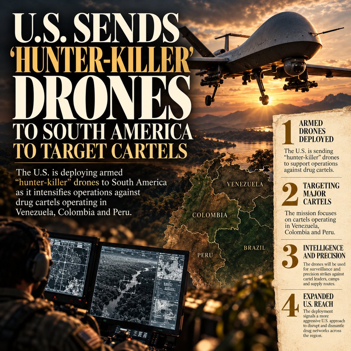 MerandaDevan's tweet photo. 🇺🇸🎯 AMERICA IS BRINGING THE REAPERS TO THE CARTEL WAR

MQ-9 Reapers are moving from Africa to Colombia and Ecuador as the U.S. expands its campaign against Latin American drug-trafficking organizations.
The drones can surveil targets and deliver precision strikes. https://t.co/6iGSnwbRlY