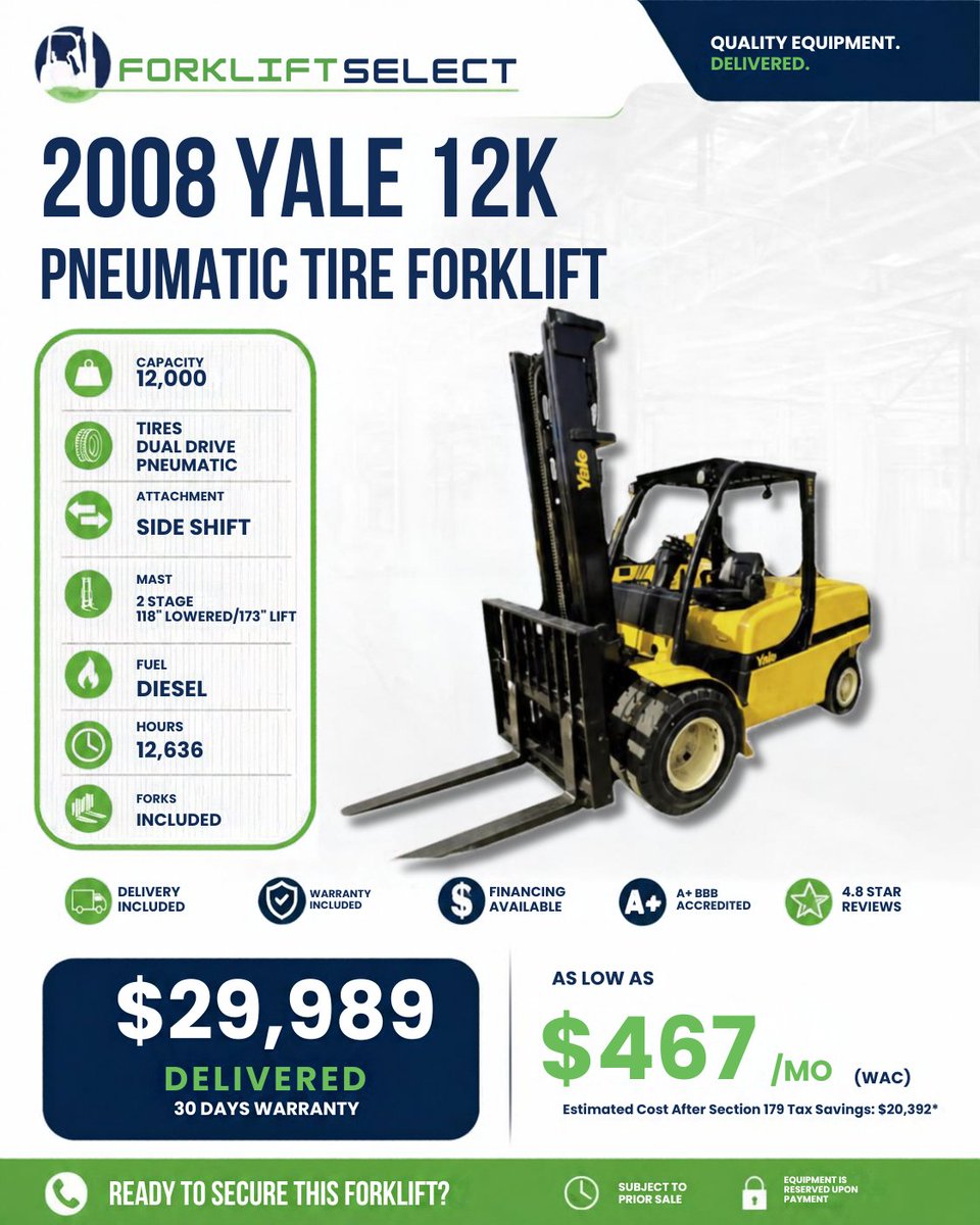 Forklift_Select's tweet photo. Need serious lifting power? 💪 The 2008 Yale 12K Pneumatic Tire Forklift delivers the muscle your job demands. Skip downtime, get delivery + warranty included. Ask about our 2-year Parts &amp; Labor Warranty on eligible equipment. 🚜 Shop Forklift Select today!  #ForkliftSelect https://t.co/YWtMhP7NET