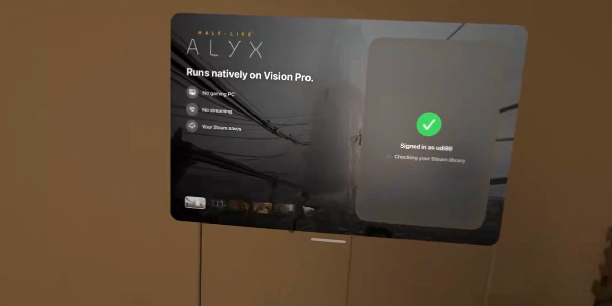 iTDfeed's tweet photo. Half-Life: Alyx now runs on Apple Vision Pro with M5 itself, with no gaming PC and no streaming. Developer Udi Wertheimer reports about 3K per eye at 60 frames per second. Our coverage has the $99 install requirement. https://t.co/Ta74WLIWoa