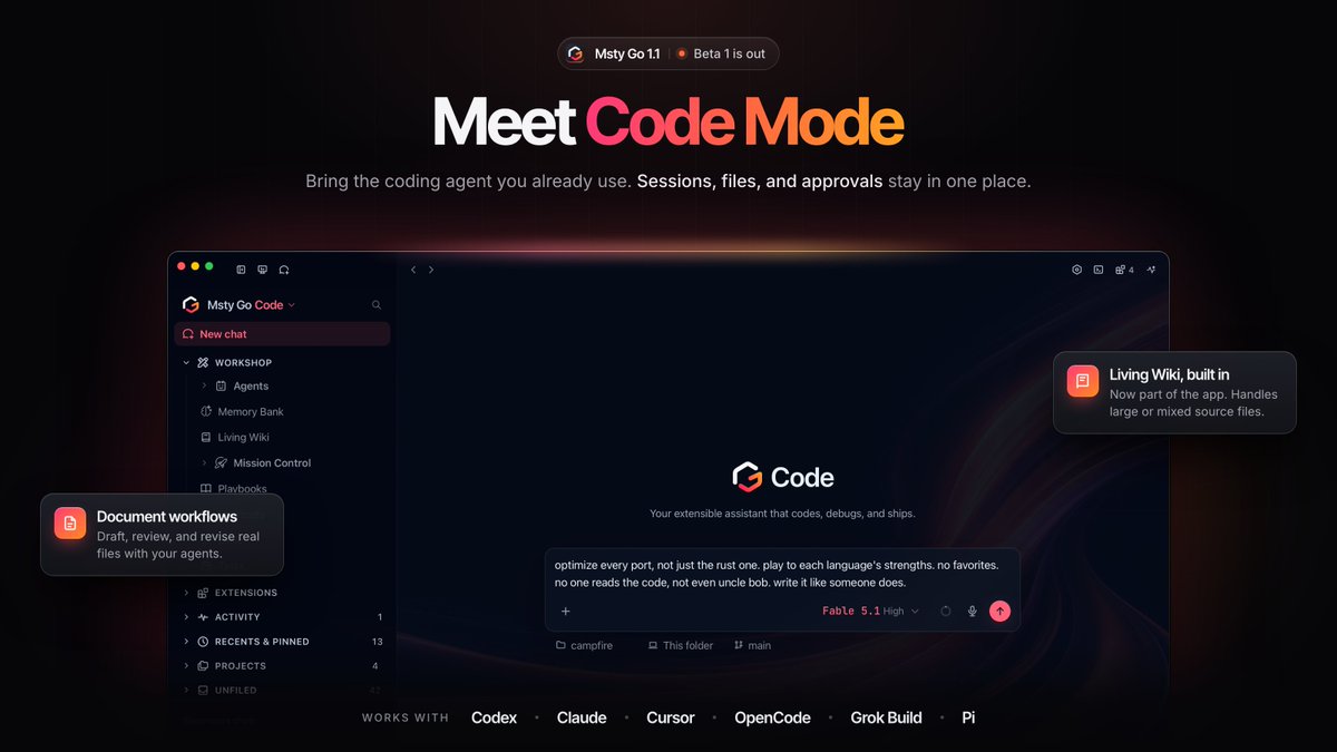 Msty Go Code Mode showing a wrapper UI that keeps sessions, files, approvals, document workflows, and a Living Wiki around multiple coding agents
