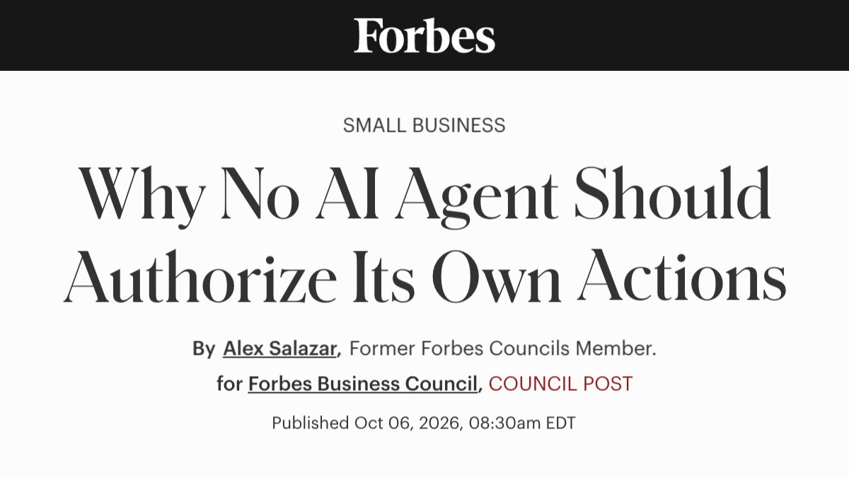 TryArcade's tweet photo. Traders can't approve their own trades, and in a new @Forbes piece, https://t.co/6U6bfSuDK8 CEO @TheMostlyGreat  argues AI agents shouldn't approve their own actions either. An agent on a shared service account can act with more access than any one employee would get. 

Read the full piece: https://t.co/oYzJQzXgSq