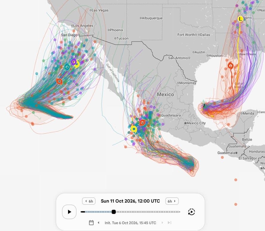 alfonso_marquez's tweet photo. 🌀 *Monitoreo de Ciclones Tropicales*
06-10-2026 | 13:00 h

 _Tres sistemas tropicales con escenerarios de impacto en Tierra (Rachel, Invest 92 L e Invest 92 E), compartiendo una tendencia de giro hacia Tierra entre el 8 y 9 de octubre._ 

⚠️*Probable Ciclón Tropical Simon*

 _Trayectorias previstas (GWL):_ 

El conjunto de modelos muestra múltiples trayectorias convergiendo desde el Pacífico hacia el noroeste y aproximándose de forma directa o muy cercana a las costas del occidente mexicano, con una ruta clara hacia la zona de Jalisco y estados colindantes alrededor del fin de semana (10-11 de octubre). 

 _Ponóstico de intensidad (ECMWF ENS):_ 

Los modelos indican un pico de fortalecimiento entre el 9 y 10 de octubre, con escenarios que apuntan principalmente a Tormenta Tropical (15 miembros) y un margen significativo con potencial de huracán.

 _Impacto potencial:_ 

Se pronostican lluvias fuertes, tormentas y posible afectación por viento y oleaje elevado  para Jalisco y zonas aledañas durante el fin de semana. 

*¡Atentos a la actualización de los avisos meteorológicos!*