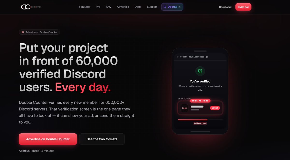 PrivacyCord's tweet photo. @panley01 It’s not even limited to verification and alt detection anymore. Double Counter has turned the whole thing into an advertising platform by monetizing the traffic and data around its verification system. https://t.co/I34s4BXlWP