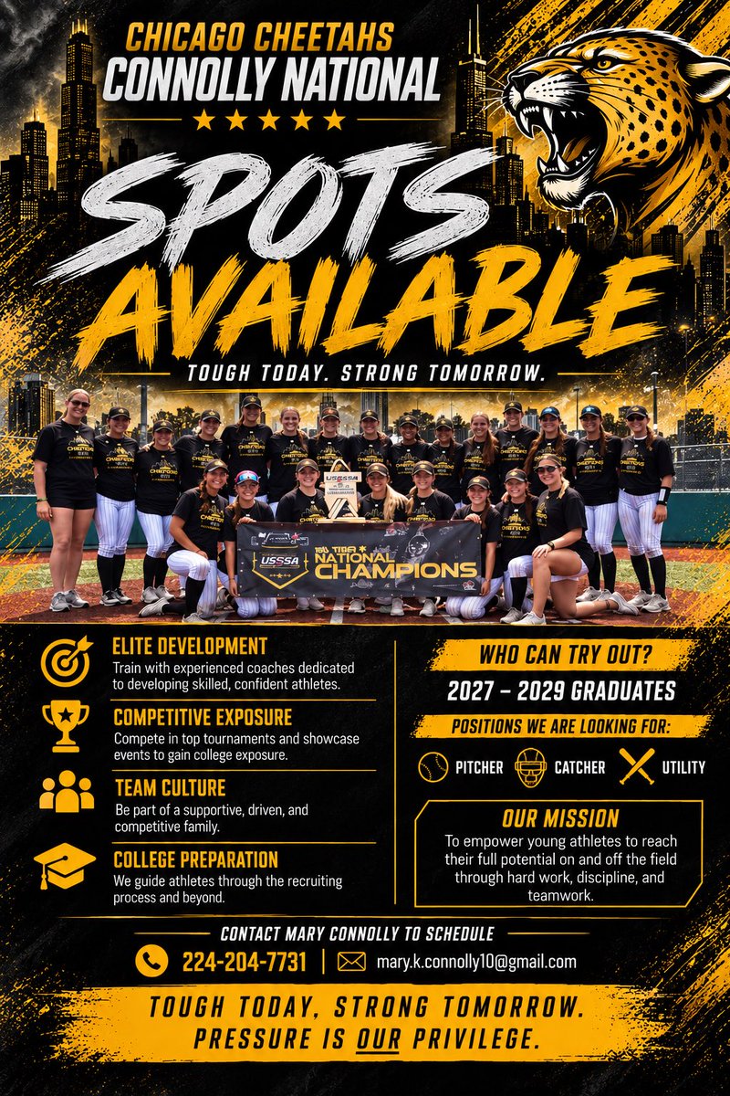 MCCheetahs's tweet photo. We are looking to add to our Cheetah family!!! 3 spots available - pitcher, catcher, and a utility player. Contact Coach Connolly directly for more information ⬇️ #FlyWithMason #GoCheetahs #WePlayFast @BoDomeBville @ExtraInningSB @LineDsoftball @Los_Stuff @tagupSoftball @thealliancefp