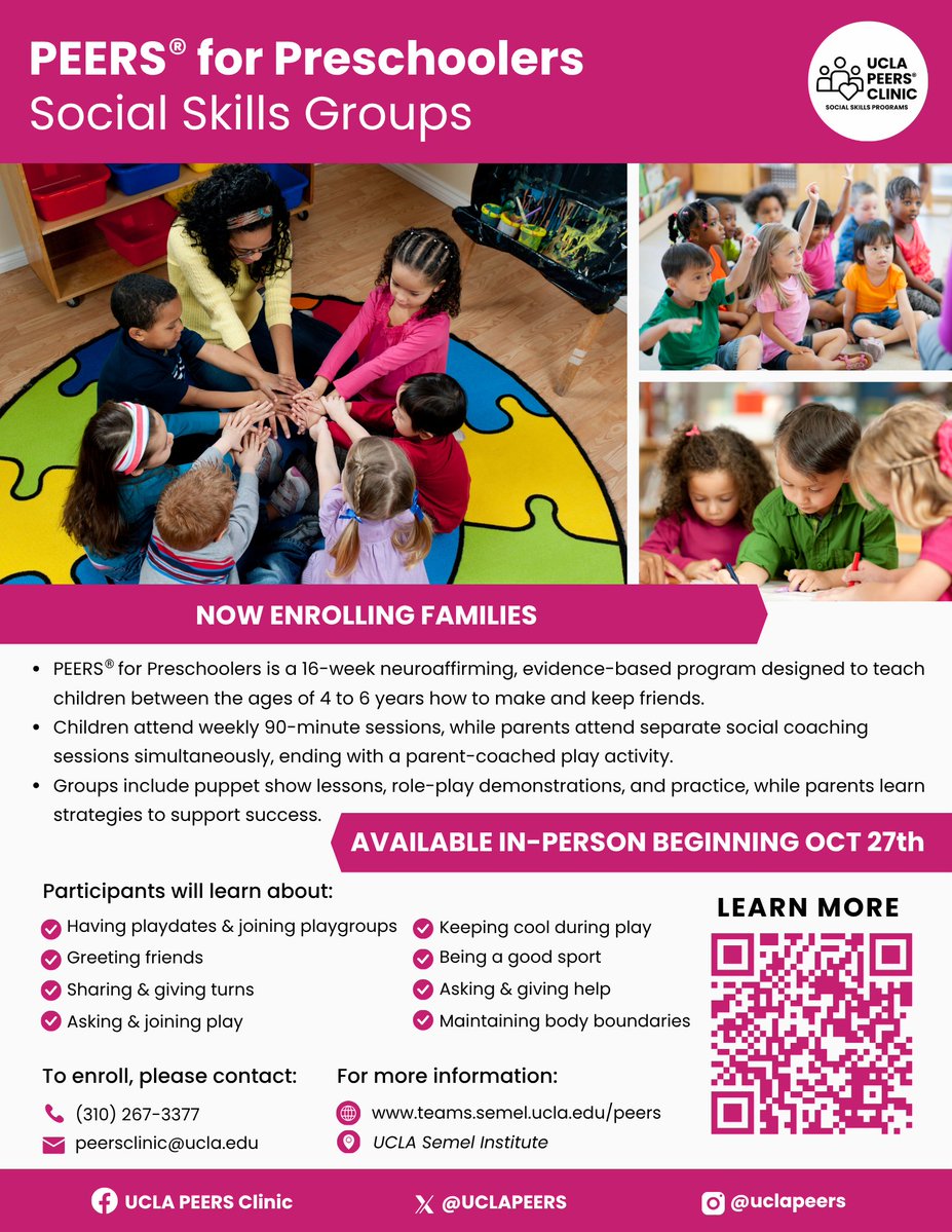 UCLAPEERS's tweet photo. Our PEERS® for Preschoolers in-person social skills group starts October 27th! The program is for young children ages 4-6 looking to strengthen social skills in a supportive environment. The group is weekly in-person at UCLA in Westwood, Los Angeles, CA. We accept most insurance. https://t.co/Pgi4uCMAPs