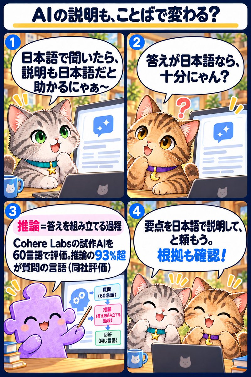 works_tommy2's tweet photo. 【今日のAI・SNS注目情報】
Cohere Labsが10/6、多言語AIの試作モデルと研究データを公開。
推論＝答えを組み立てる過程。同社評価では60言語で、推論の93％超が質問と同じ言語に。
日本語だけの成績は未記載。
今日：「要点と根拠を日本語で」と頼み、答えを確認しよう。
https://t.co/zsxlqD8v0M #AI初心者