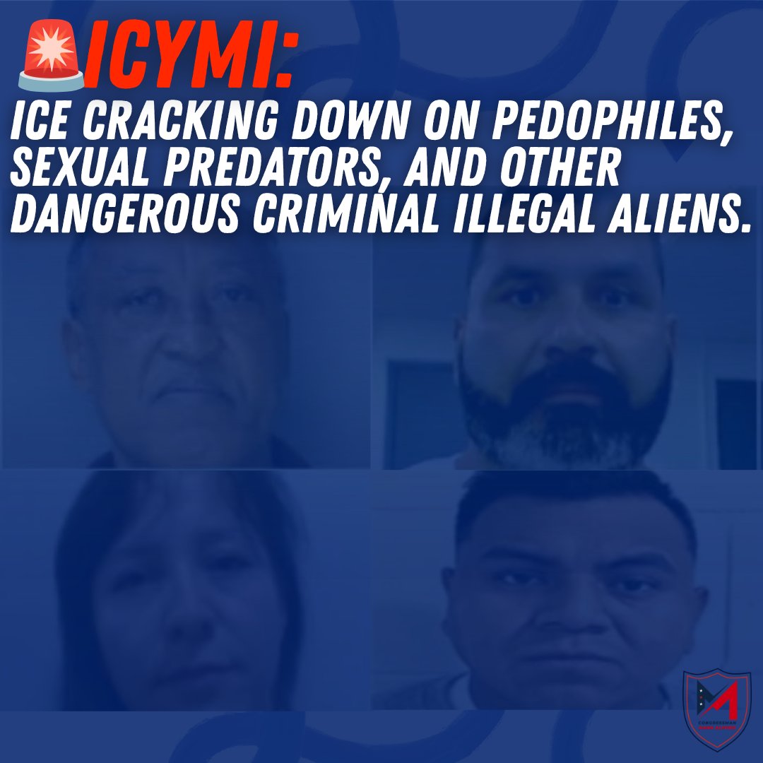 RepMarkAlford's tweet photo. ICYMI 🚨

Republicans are getting criminal illegal aliens off our streets.

Over the weekend, ICE arrested pedophiles, sexual predators, and other dangerous illegal aliens across the country. President Trump and House Republicans stand with the agents protecting our communities. Public safety first. 🇺🇸