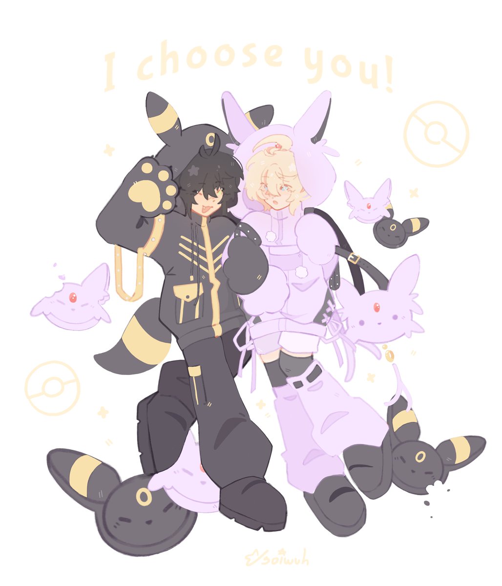 jsoiwuh's tweet photo. Mika and Yuu in Espeon and Umbreon hoodies!! (With some little cookies)✨૮꒰˶ᵔ ᵕ ᵔ˶꒱ა
They’ll always choose each other to love!!💕✨

Commission for @Gonsvillainarc !! who always sends me the cutest outfits to draw!!૮꒰˶ᵔ ᗜ ᵔ˶꒱ა https://t.co/9mLCru8gLv