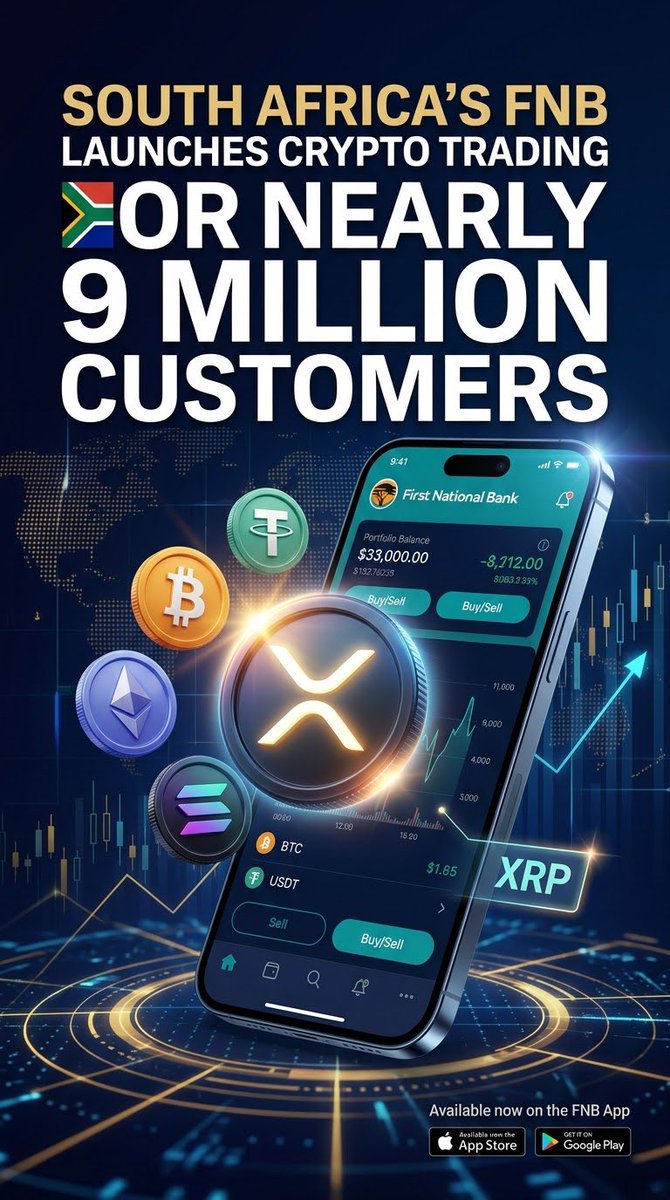 BankXRP's tweet photo. South Africa’s First National Bank (FNB) just rolled out crypto trading directly in their banking app for nearly 9 million clients.

Available assets: 
• $XRP  🏁
• $BTC
• $ETH 
• $SOL
• $USDT

Real bank adoption. Real utility. #XRP leading the charge in global finance. https://t.co/3OtCeeLTal