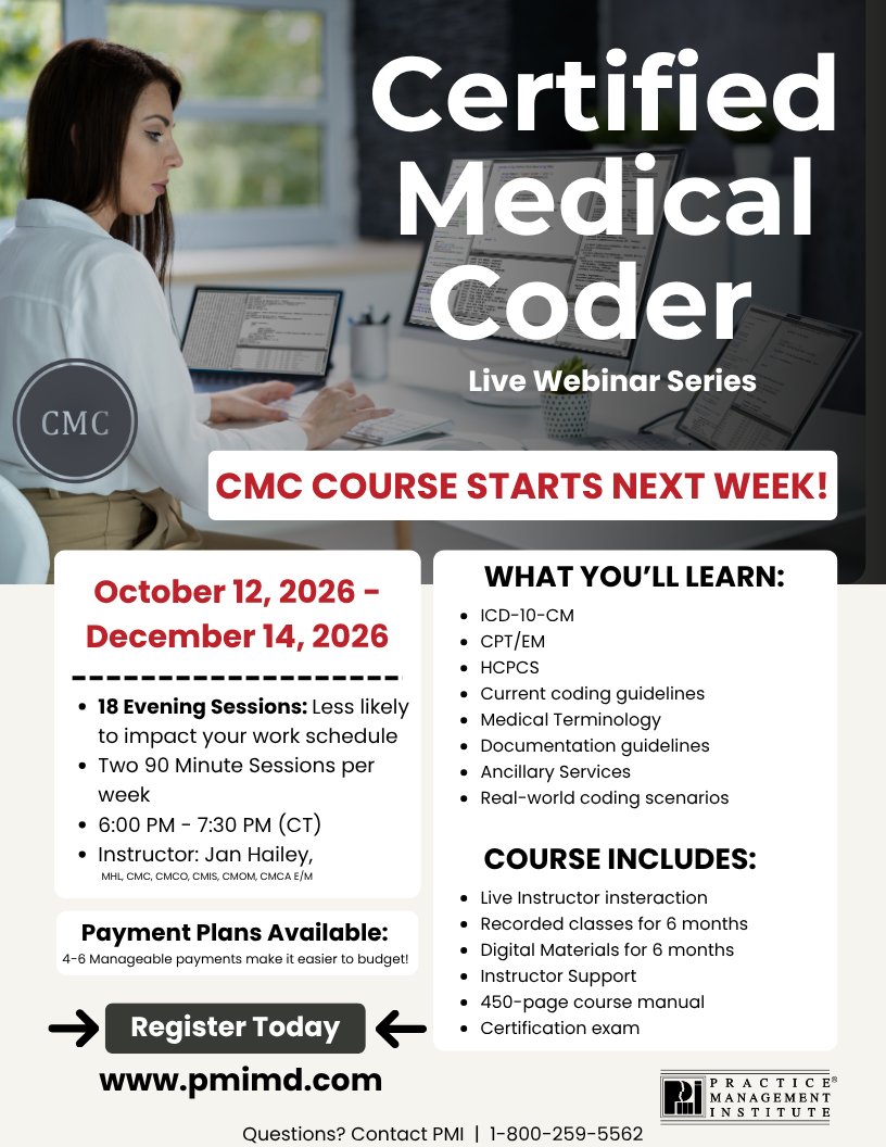 pmimd's tweet photo. Transform your coding skills from "good" to "certified expert!" 🏆 Join Jan Hailey and a network of peers in our virtual classroom starting Oct 12. Your journey to the CMC credential begins here! 🚀 
Register now: https://t.co/c29WlNj56u 
#PMI #CMC #MedicalCoder #Certified https://t.co/nQbD9toM2s