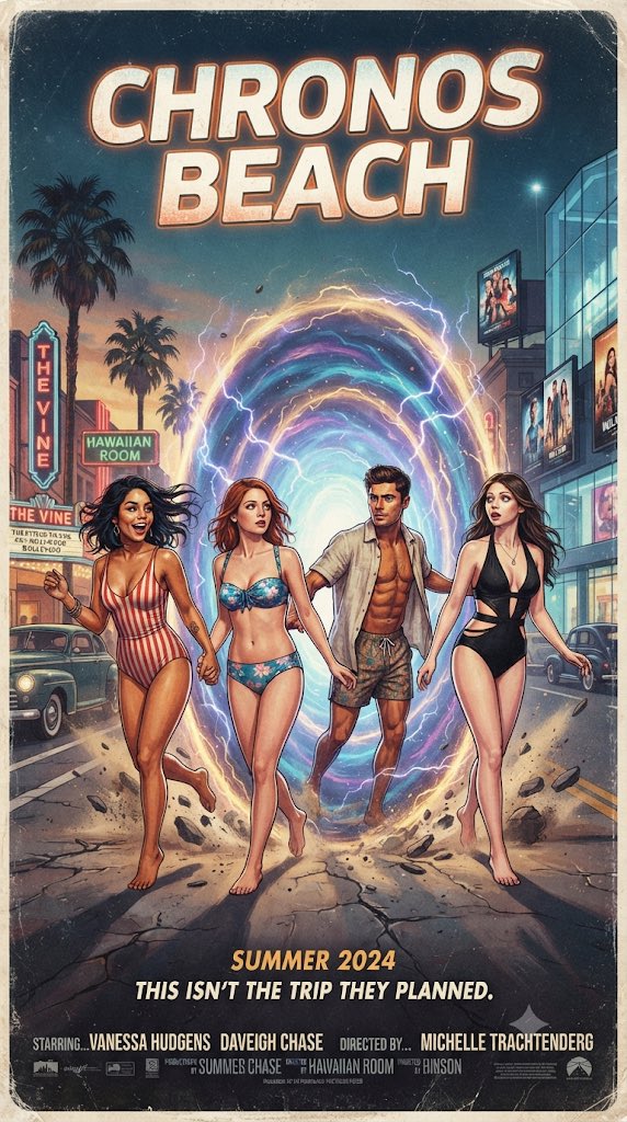 movierulez150's tweet photo. #Ai #AiArt #Concept #Poster #Chronos #Beach #VanessaHudgens #ZacEfron #MichelleTrachtenberg #DaveighChase #TimeTraveling #Portal #Planned #Trip https://t.co/R3r8hva5pb