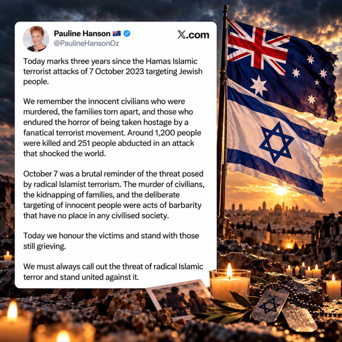 OzraeliAvi's tweet photo. Thank you for your moral clarity today, @PaulineHansonOz — as always. 🇦🇺🇮🇱 https://t.co/SzaQQIoz3W