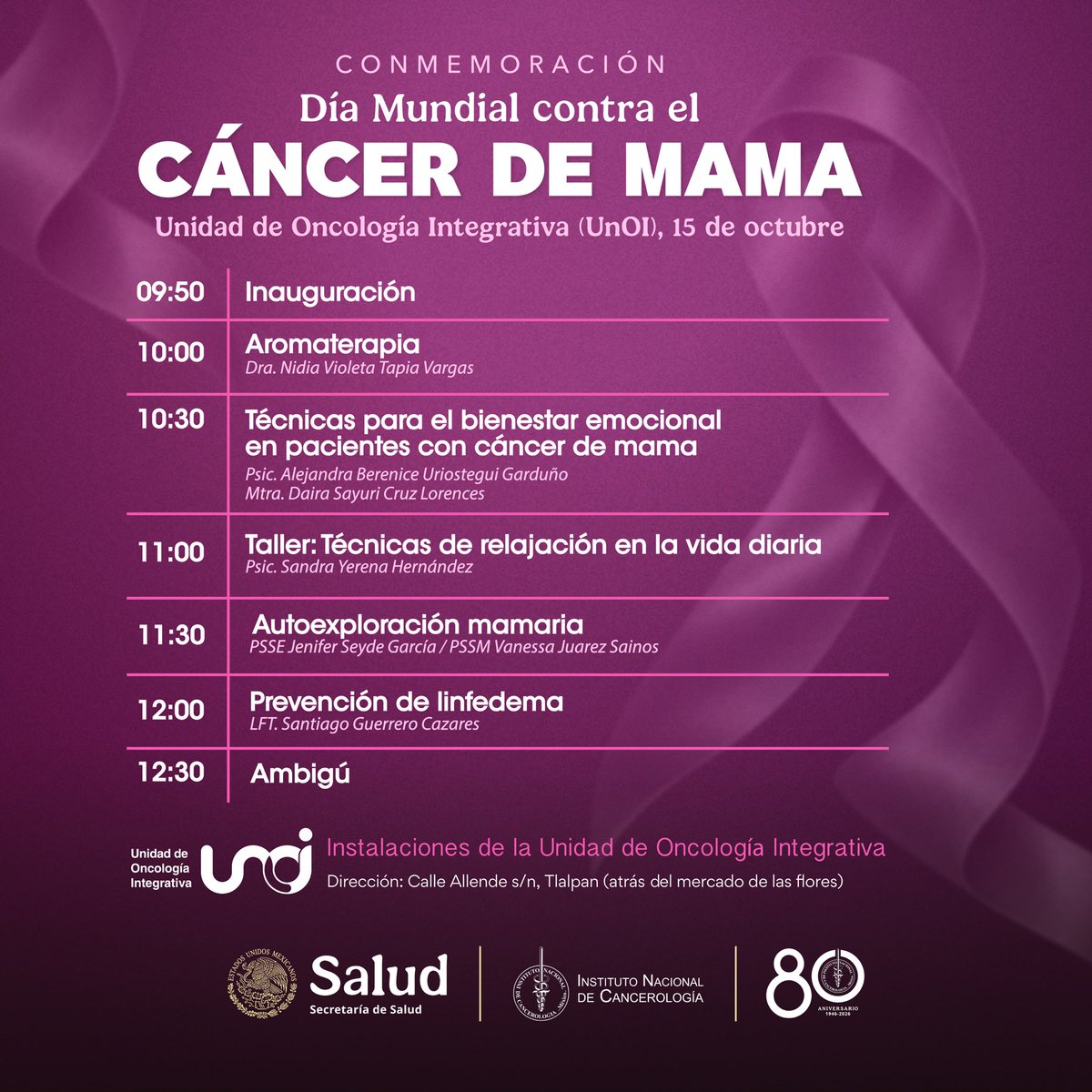 incanMX's tweet photo. 🎀 Conmemoramos el Día Mundial contra el Cáncer de Mama con una jornada dedicada al bienestar integral, la prevención y el acompañamiento de pacientes.

📅 15 de octubre | 🕘 09:50 h
📍 Unidad de Oncología Integrativa (UnOI) https://t.co/cowlF7Trfo