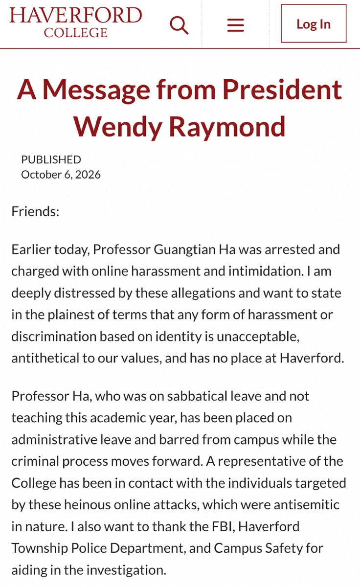 ÚLTIMA HORA: El profesor Guangtian Ha de @haverfordedu fue arrestado hoy por ataques antisemitas en línea.