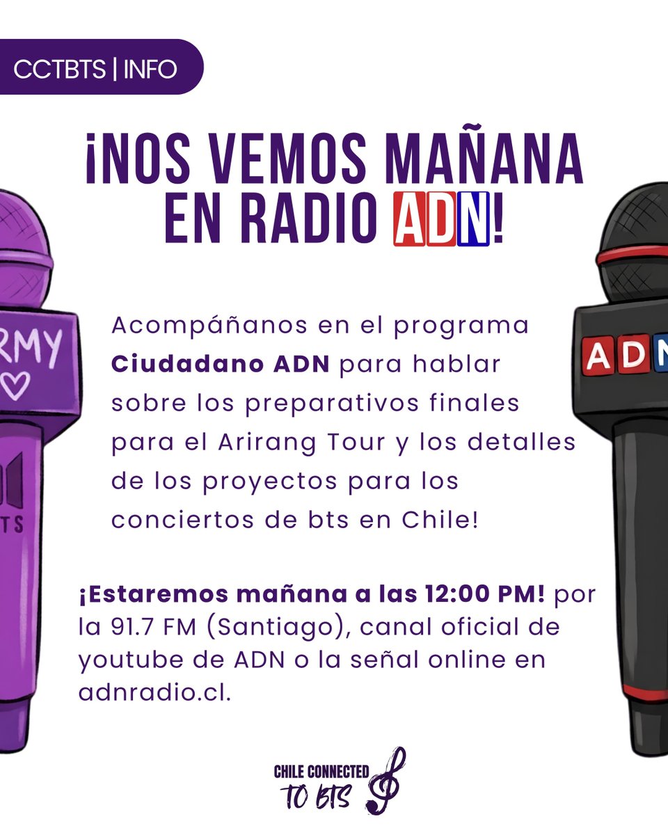 ConnectedBts's tweet photo. El día de mañana estaremos en la radio "ADN" junto con otras fanbases para conversar de todos los proyectos de BTS en Chile 💜🇨🇱
Mañana compartiremos el link para que nos acompañen 🫶🏻 https://t.co/LVlerZWz8q