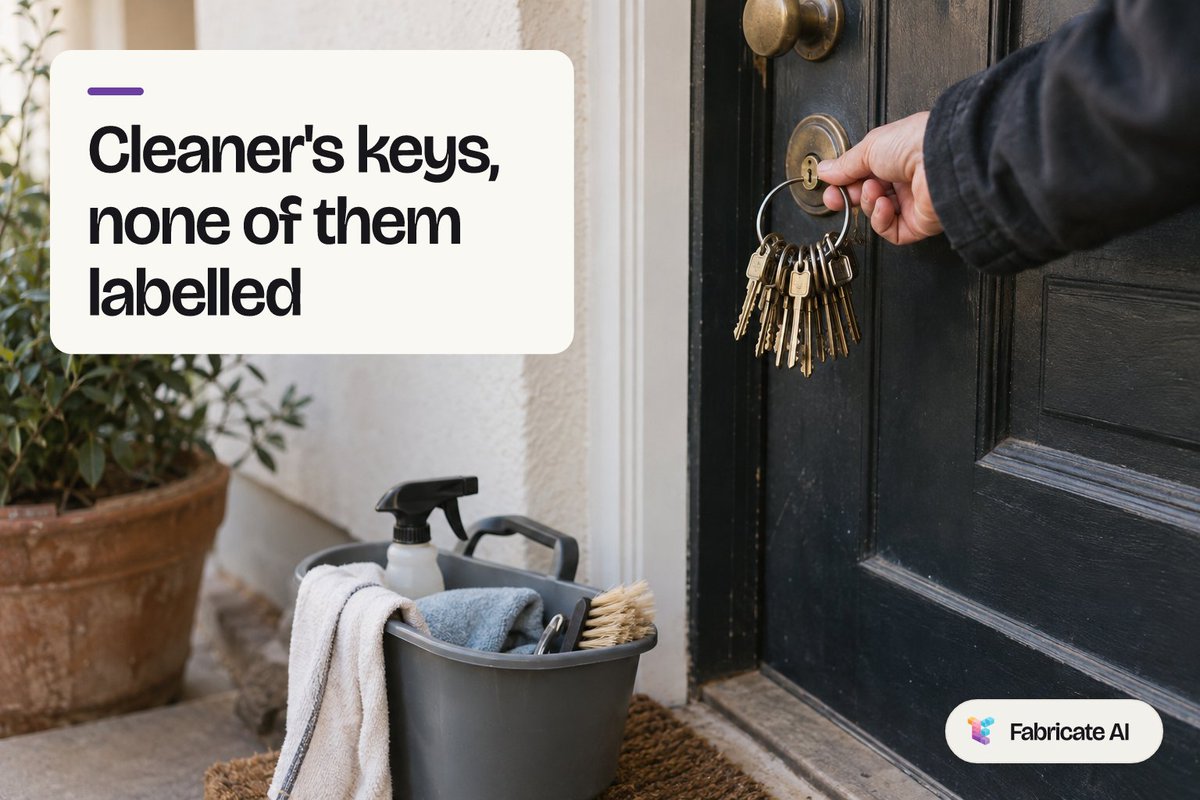 FabricateAi's tweet photo. Spare keys for every client, all on one ring. None of them labelled.

8 a.m. on a doorstep, the cleaner tries them one by one.

The last key fits. Of course it does. https://t.co/scFKCNe7Lp