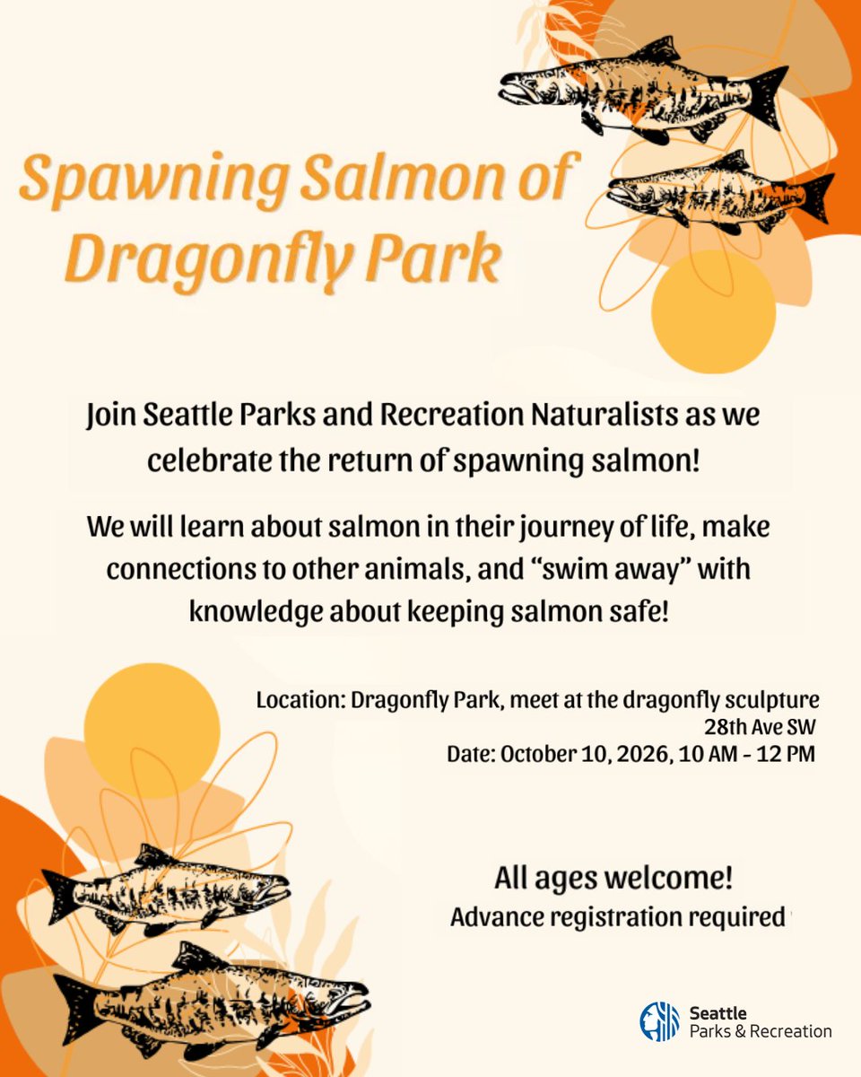 SeattleParks's tweet photo. Join Seattle Parks Environmental Education Naturalists to celebrate the return of spawning salmon! Meet us on October 10, at Dragonfly Park (West Seattle) 4111 26th Ave SW, from 10 AM – 12 PM!

All participants must be registered to participate: https://t.co/RQsKti9V7O https://t.co/DQesWm4Pks