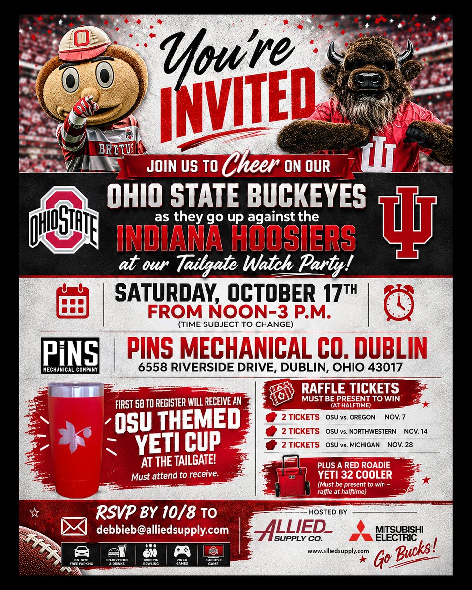 AlliedSupply's tweet photo. 1st 50 to register receive a free OSU Yeti Cup! Oct 17th ~ OSU Tailgate Watch Party! RSVP today!  https://t.co/12xJP6SqfB
#AlliedSupply #Mitsubishi #OSU #tailgate #watchparty https://t.co/wgArfNoy66