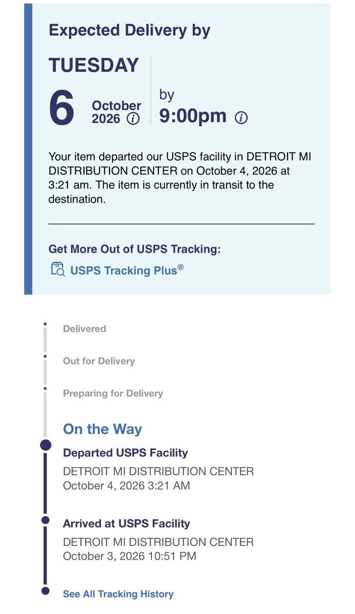tincup45's tweet photo. @USPS supposed
To have this two days ago. It literally shipped from 44 minutes away. It’s always Detroit.  Perhaps it’s time to fix this nonsenses. https://t.co/WkfTJm9xyO