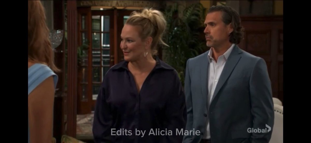 A scene from the TV show 'The Young and the Restless' shows a blonde woman in a navy blouse standing next to a man in a blue suit, with on-screen text reading 'Edits by Alicia Marie' and the 'Global' network logo.
