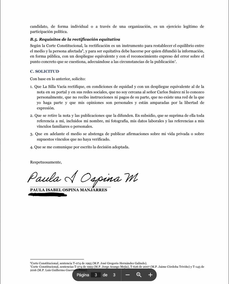 PaulaM08's tweet photo. Les cuento que hoy he presentado ante @lasillavacia una solicitud formal de rectificación previa. El medio aseveró sin sustento un vínculo con Carlos Suárez y expuso públicamente mis datos laborales y personales para especular sobre mi vida privada.   El periodismo exige rigor y veracidad; no ampara la intromisión en la esfera personal. Mi buen nombre, mi honra y mi trabajo se respetan.