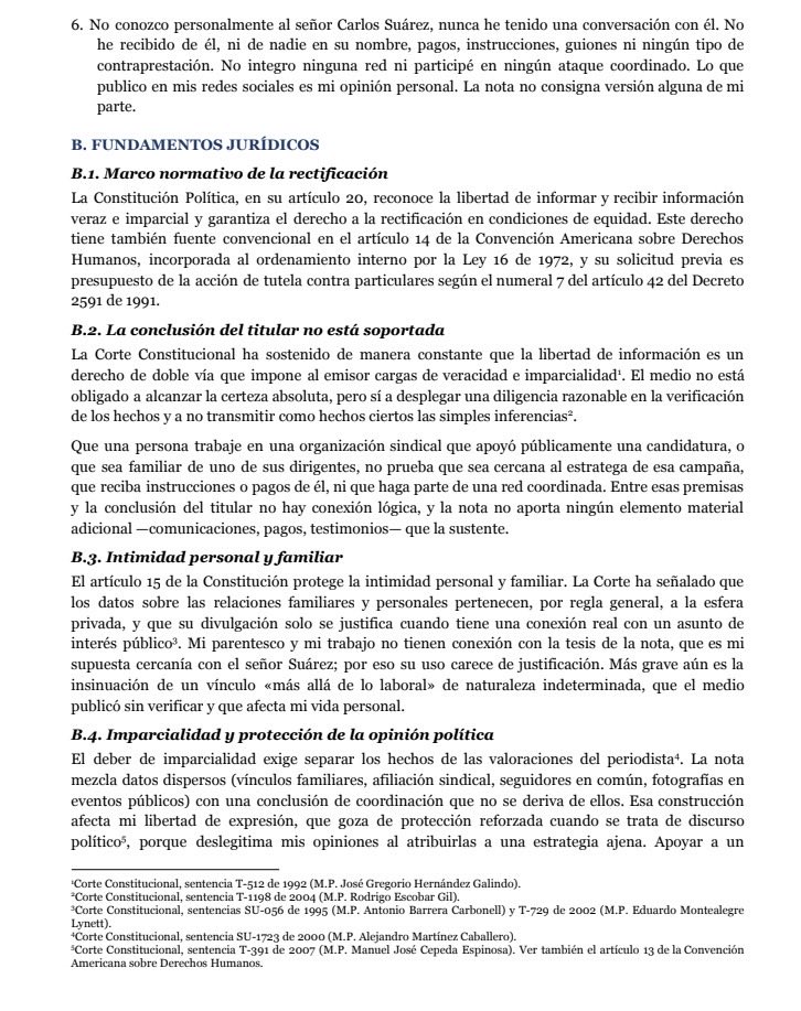 PaulaM08's tweet photo. Les cuento que hoy he presentado ante @lasillavacia una solicitud formal de rectificación previa. El medio aseveró sin sustento un vínculo con Carlos Suárez y expuso públicamente mis datos laborales y personales para especular sobre mi vida privada.   El periodismo exige rigor y veracidad; no ampara la intromisión en la esfera personal. Mi buen nombre, mi honra y mi trabajo se respetan.