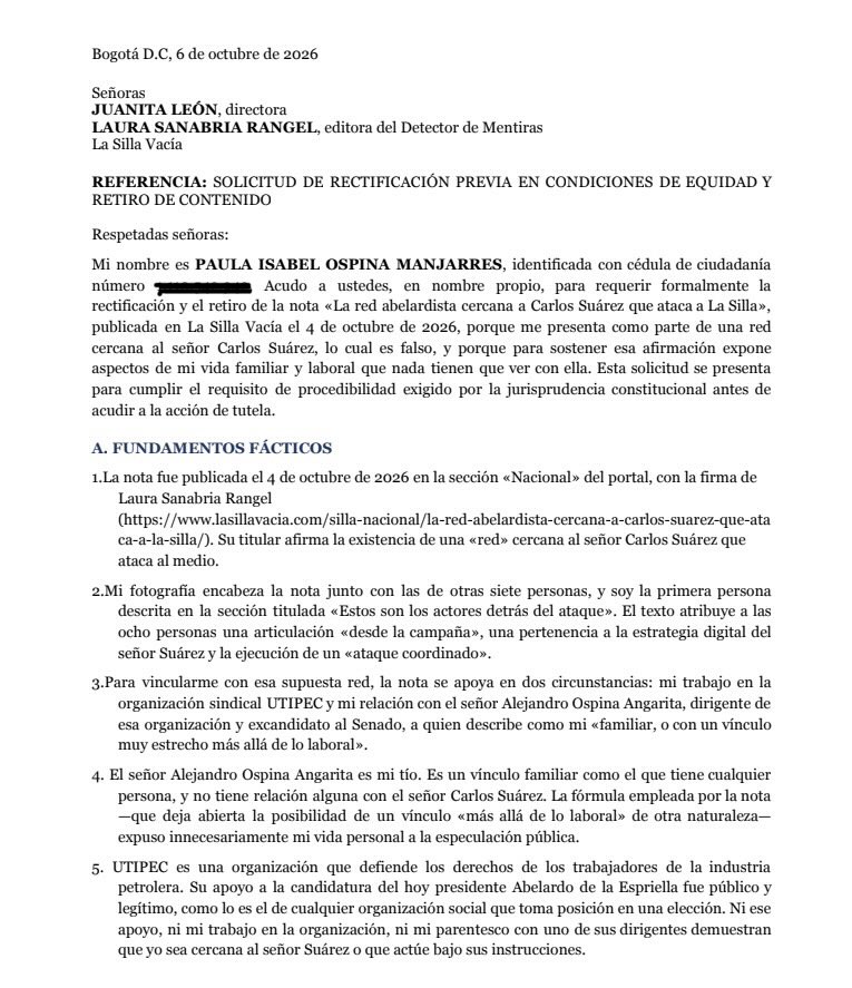 PaulaM08's tweet photo. Les cuento que hoy he presentado ante @lasillavacia una solicitud formal de rectificación previa. El medio aseveró sin sustento un vínculo con Carlos Suárez y expuso públicamente mis datos laborales y personales para especular sobre mi vida privada.   El periodismo exige rigor y veracidad; no ampara la intromisión en la esfera personal. Mi buen nombre, mi honra y mi trabajo se respetan.