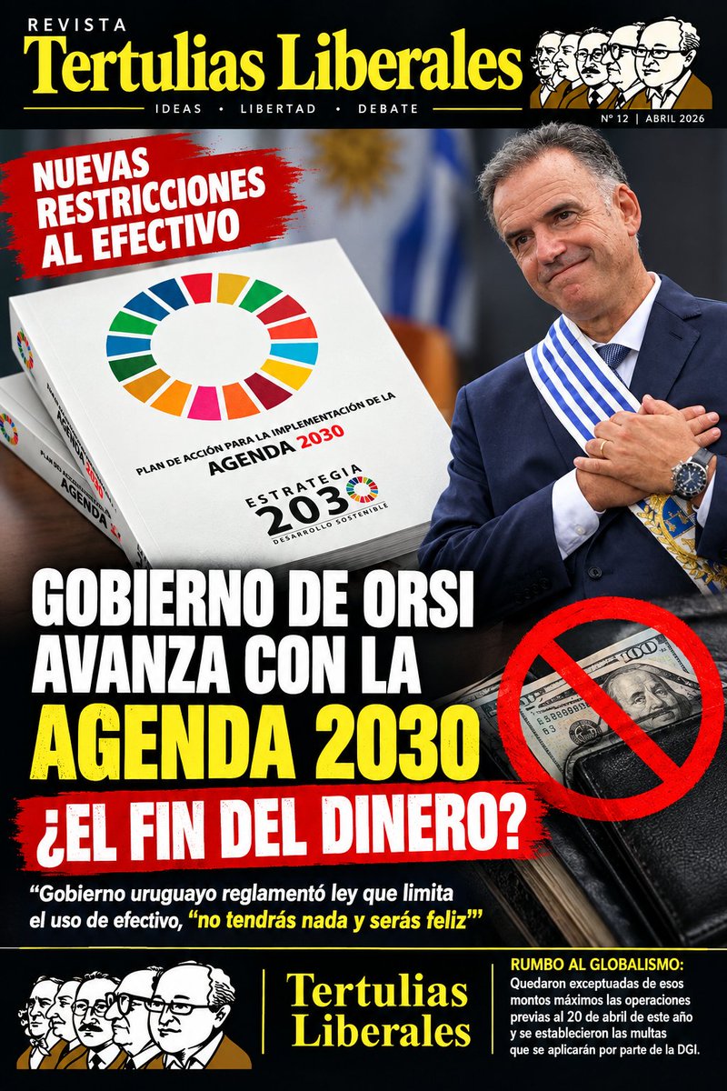 TertuliasLiber1's tweet photo. 🚨🇺🇾 l Gobierno de Orsi avanza con la Agenda 2030 

¿El fin del DINERO?

Gobierno uruguayo reglamentó ley que limita el uso de efectivo, “no tendrás nada y serás feliz”

RUMBO al GLOBALISMO: 
Quedaron exceptuadas de esos montos máximos las operaciones previas al 20 de abril de este año y se establecieron las multas que se aplicarán por parte de la DGI en caso de incumplimiento del decreto.

El Poder Ejecutivo reglamentó el artículo de la ley de marzo pasado que limitó el uso de efectivo a 200.000 unidades indexadas (UI) —o US$ 33.163 $1,1 millones a valores de hoy— o al 5% del valor total de la operación de que se trate, siempre que esta no supere las 450.000 unidades indexadas (US$ 74.570 o $2,99 millones), estableciendo además una serie de excepciones. 
La limitación se aplica a toda operación o negocio jurídico, cualquiera sea la naturaleza de las partes intervinientes.

El incumplimiento será sancionado con una multa equivalente al 25% del monto abonado o percibido por medios de pago distintos a los admitidos, con un mínimo de 1.000 unidades indexadas (que hoy equivalen a $6.654), el cual se elevará a 10.000 unidades indexadas en caso de reincidencia. 

Compradores y vendedores incurrirán en responsabilidad solidaria. La Dirección General de Registros informará a la Secretaría Nacional para la Lucha contra el Lavado de Activos y el Financiamiento del Terrorismo (Senaclaft) ante cualquier verificación de incumplimiento.

La Administración Tributaria será la competente para aplicar las sanciones y podrá requerir información a las entidades administradoras de medios de pago. A los efectos del decreto, se entiende por efectivo el papel moneda y la moneda metálica, nacionales o extranjeros.