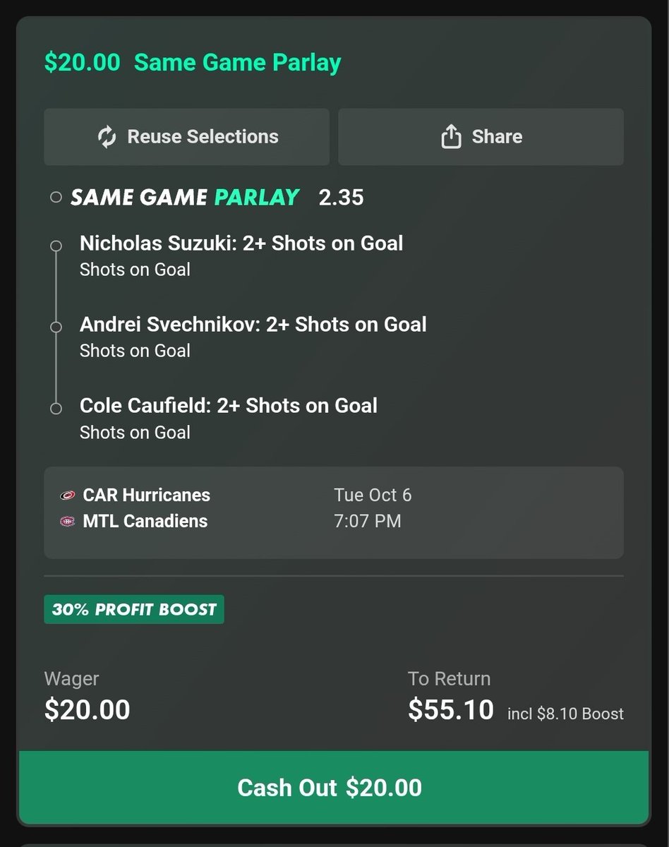 BOBhy623's tweet photo. NHL PARLAY  +40% BOOST
CAR @ MTL 🚨

SVECHNIKOV 2S⭐️
L17/20 ROAD GAMES
L5/6 GAMES VS MTL

SUZUKI 2S⭐️
L15/20 HOME SEASON GAMES
L8/9 GAMES VS CAR

CAUFIELD 2S⭐️
L19/20 HOME SEASON GAMES
L7/10 GAMES VS CAR https://t.co/819bBYZEVq
