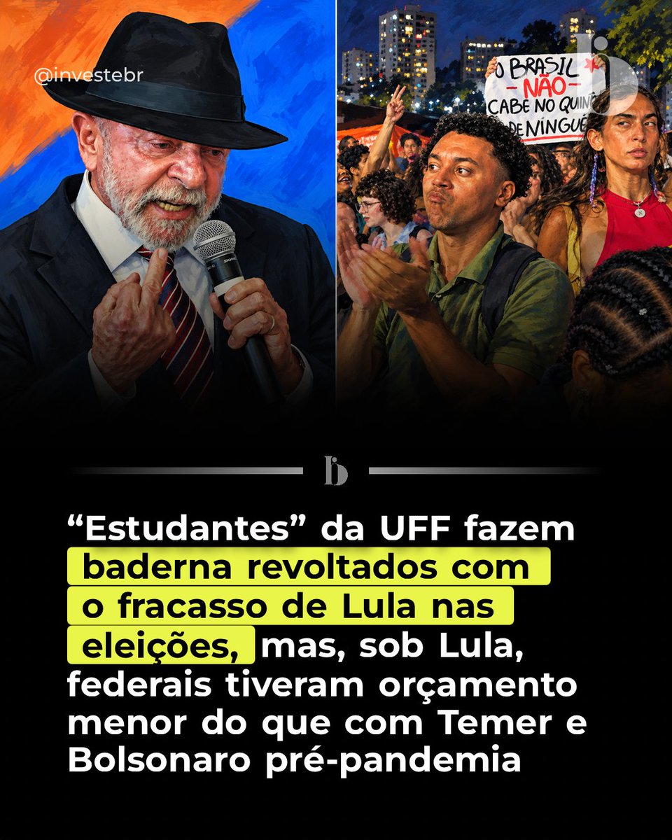 investebr's tweet photo. 📚 Estudantes da UFF protestaram em Niterói, apoiando Lula e criticando Flávio Bolsonaro. A manifestação ocorre em meio a cortes orçamentários nas universidades federais, que enfrentam dificuldades de custeio e infraestrutura. https://t.co/ef6UzJJKsm