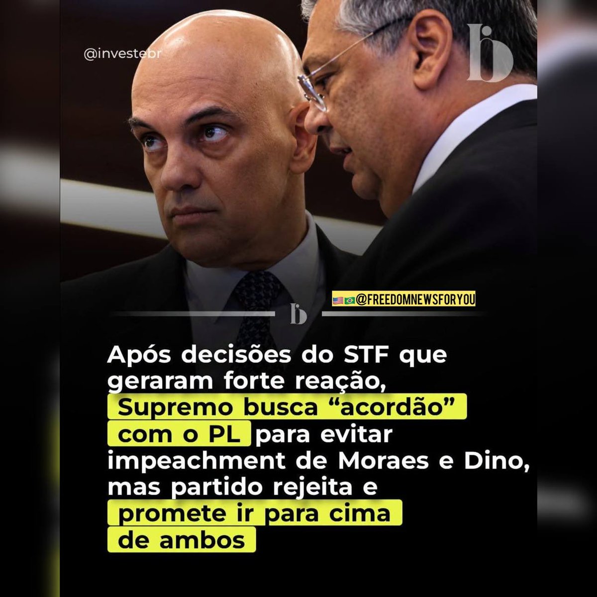 BolsoMaraP's tweet photo. ATENÇÃO‼️

Após o resultado das eleições e a nova composição do Senado, o Supremo Tribunal Federal passou a avaliar a possibilidade de buscar diálogo com setores do PL diante do risco de avanço de pedidos de impeachment contra ministros da Corte. Segundo apurações divulgadas pela CNN Brasil e pela Folha de S.Paulo, integrantes do STF defendem uma aproximação com parlamentares considerados mais moderados do partido para tentar evitar uma escalada de confronto.

A movimentação ocorre depois de uma eleição que ampliou significativamente a bancada do PL no Senado. O partido terá 28 senadores a partir de 2027, enquanto levantamentos apontam que pelo menos 49 senadores já são favoráveis ao impeachment de ministros do Supremo, número próximo dos 54 votos necessários para uma eventual condenação.

Nesse cenário, o PL rejeitou os sinais de um possível “acordão” e mantém a intenção de avançar contra ministros do STF. Segundo a apuração da CNN, Alexandre de Moraes e Flávio Dino estão entre os principais alvos da estratégia do partido para 2027.

A articulação ocorre justamente em um momento em que decisões e atuações do Supremo vêm sendo alvo de fortes críticas de setores da oposição. Para o PL, a nova força política conquistada nas urnas abre espaço para tentar levar adiante uma pauta que há anos encontra resistência no Senado.

Assim, em vez de aceitar uma negociação para deixar os pedidos de impeachment de lado, o partido sinaliza que pretende usar sua nova força no Senado para pressionar pela abertura dos processos contra Moraes e Dino.

Fontes: CNN Brasil e Folha de S.Paulo