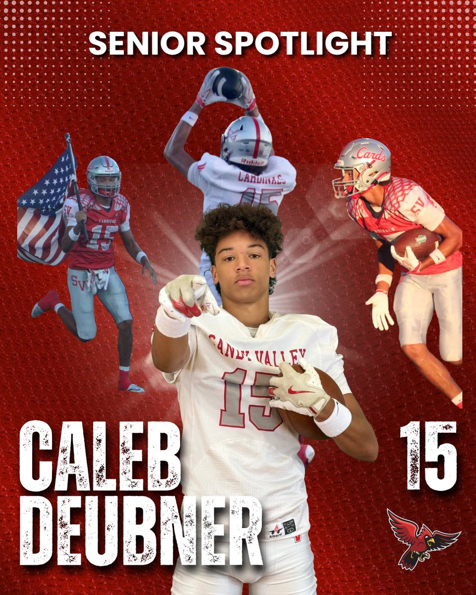 SVCardsFootball's tweet photo. Senior Spotlight - #15 Caleb Deubner 
🎓🏈
Deubner plays wide receiver and defensive back for the Cardinals and has spent four years with the team. His favorite memory with Sandy Valley Football was their first senior year win against Malvern. https://t.co/11jTX3RWD0