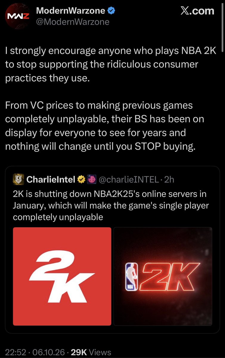 2KIntel's tweet photo. One of the biggest Call of Duty pages with over 3M followers just called out 2K’s consumer practices:

“Nothing will change until you STOP buying.” https://t.co/z5Cp2mgkGE