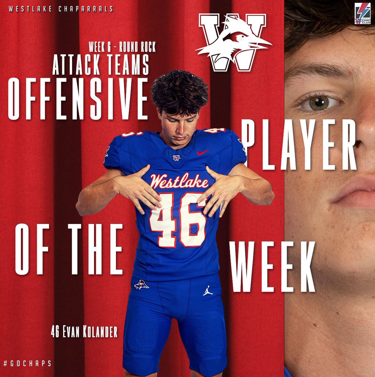 Westlake_Nation's tweet photo. Congratulations to Evan Kolander on his selection as the Attack Team Offensive Player of the Week. Evan’s performance helped prepare the offense for the 38-17 win over Round Rock. He will serve as a team captain on Thursday as Westlake takes on Westwood. #GoChaps https://t.co/stkXwj7ESA