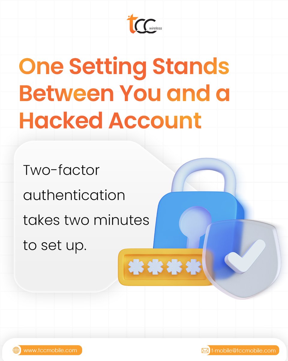 TCCMobile's tweet photo. Go to your account's security settings (Apple ID, Google Account, banking apps, email).
You'll get a code by text or app any time someone tries logging in from a new device.
#TCCWireless #TechTips #CyberSecurity #2FA https://t.co/2deSgdoTzc