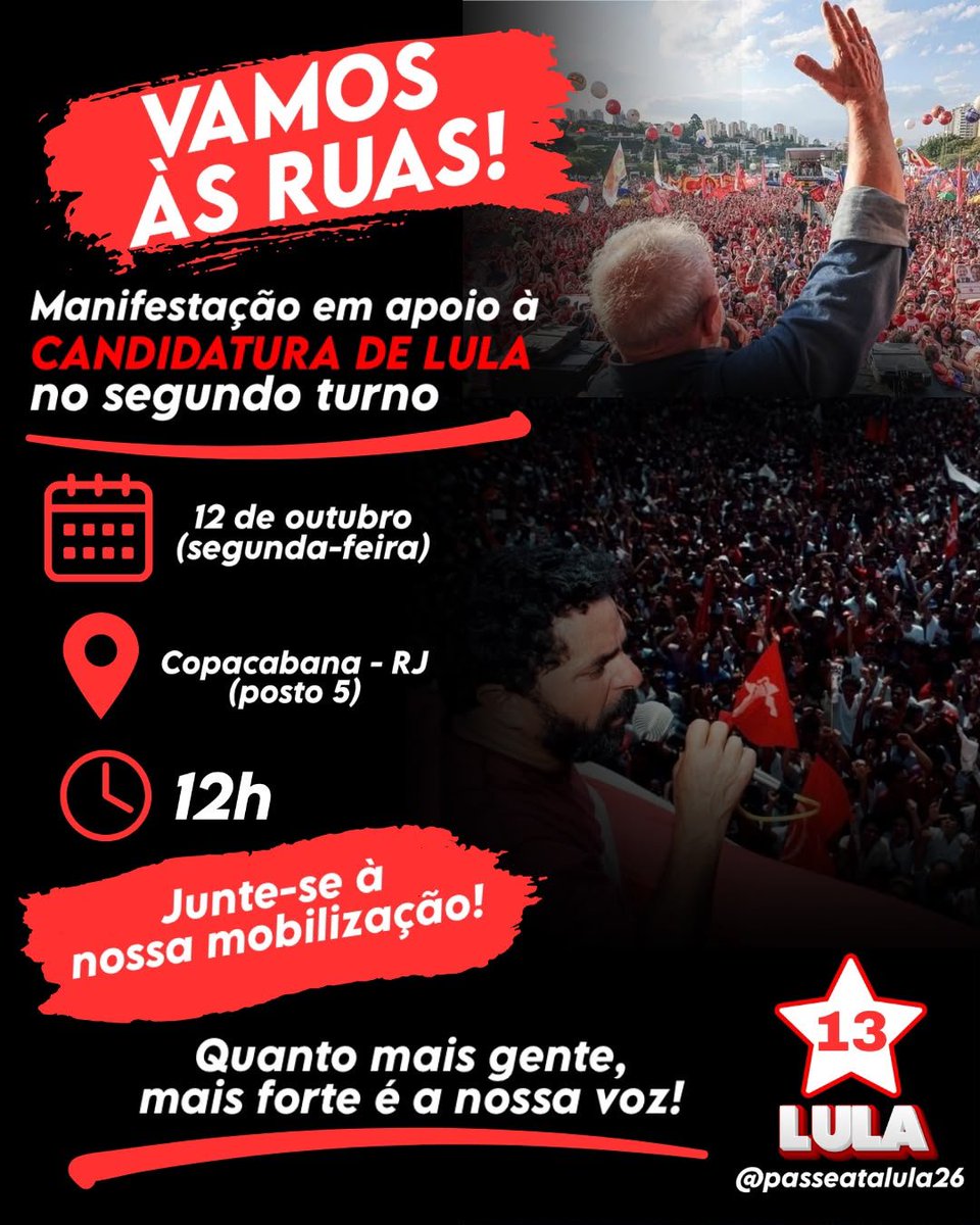 passeatalula26's tweet photo. @poptime *VEM PRA RUA 📢*

Dia 12 de outubro, feriado de Nossa Senhora Aparecida, foi a data escolhida para comparecermos em peso às ruas do Rio de Janeiro.

*Local: Praia de Copacabana - posto 5*
*Horário: 12h*
 https://t.co/BEuLJMJRa3 https://t.co/fCJZXQi7wh
