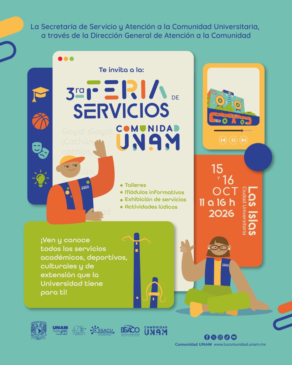 Comunidad_UNAM's tweet photo. ¡Conoce todo lo que la UNAM tiene para ti!
Te esperamos en la 3.ª Feria de Servicios Comunidad UNAM con talleres, módulos informativos, exhibición de servicios y actividades lúdicas.
📅 15 y 16 de octubre | 11–16 h
📍 Las Islas, C.U.
#ComunidadUNAM
@tvunam @RadioUNAM https://t.co/vvzri7X4TQ