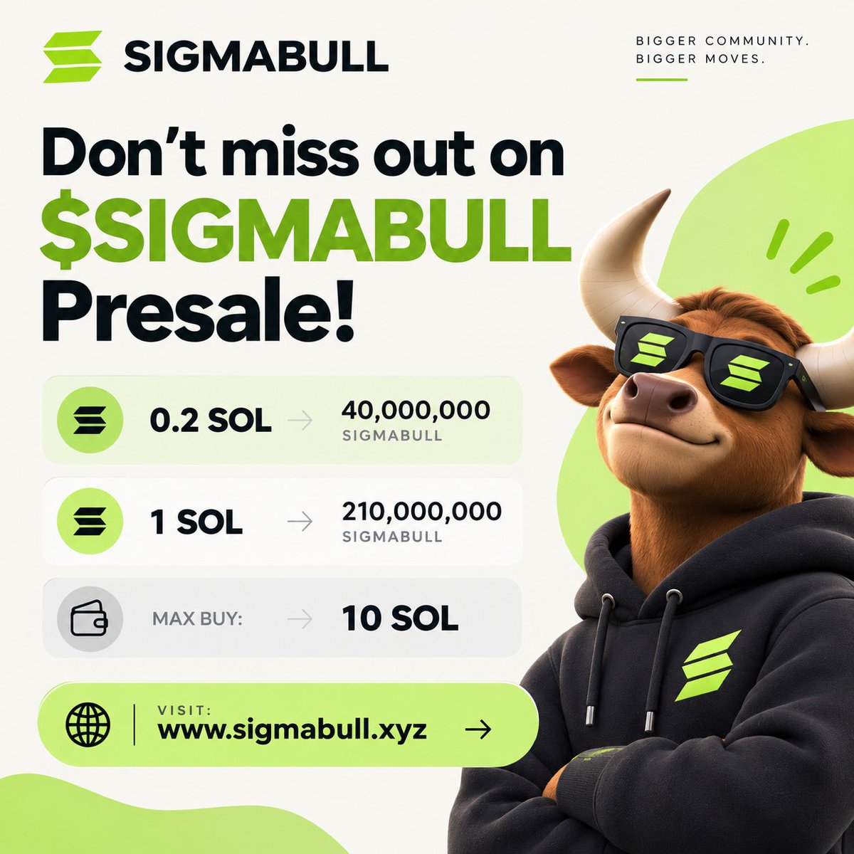 SigmaBullSol's tweet photo. DON'T MISS OUT ON $SIGMABULL PRESALE 🚨

Buy on 𝕏 send $SOL  to Presale address:

EB6HcbQXufnxCeRxfJkngw4pNnbc5Ymwh5usGVmrngAH

Min buy: 0.2 SOL Max: 10 SOL

0.2 SOL → 40,000,000 $SIGMABULL
0.5 SOL → 100,000,000 $SIGMABULL
1 SOL → 210,000,000 $SIGMABULL
5 SOL → 1,100,000,000 $SIGMABULL

Buy $SIGMABULL now: https://t.co/b1EI86LXEK

More than just an ordinary bull

RT & Drop your SOL address 👇