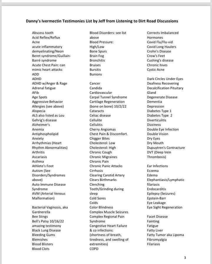 DrRoman71's tweet photo. Did you know ivermectin treats ALL of these diseases? 

When ivermectin is administered, it targets and kills specific parasites by interfering with their nerve and muscle functions.
⬇️

Danny's Ivermectin Testimonies List by Jeff from Listening to Dirt Road Discussions…
⬇️

https://t.co/x8pdMnbrnj

I told you the second list is coming in due time.. Here we go.

Follow for more update!!!