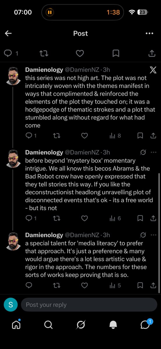 bigbollag95's tweet photo. @DamienNZ @iamNicoo0 Reading all three together makes this even funnier. You call it “not high art,” a “hodgepodge,” say the plot “stumbled,” then admit “it’s just a preference” before immediately claiming there’s “less artistic value &amp; rigor” and pointing to “the numbers.”That’s not objectivity. https://t.co/PCm7pLfAEz