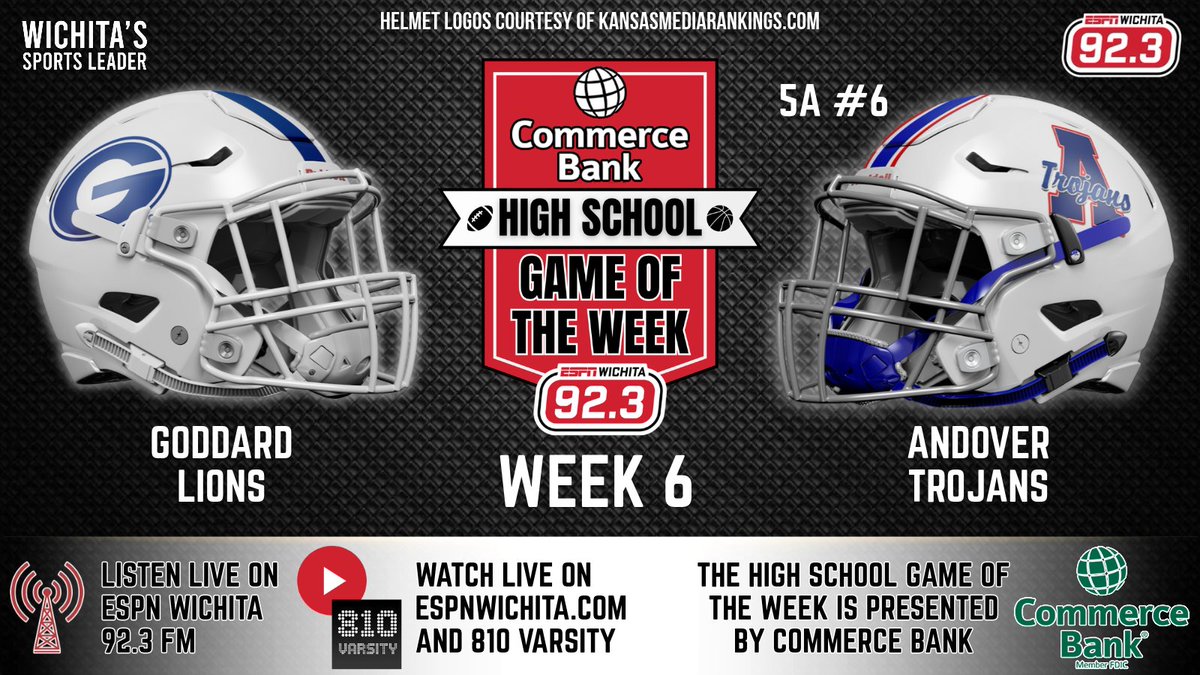 ESPNWichita's tweet photo. GAME OF THE WEEK! 🏈

We'll be at @USD265_GHS this week, bringing you the #Lions and the #Trojans in an AVCTL clash! Tune in Friday night at 6:30 PM on #WichitasSportsLeader ESPN Wichita 92.3 FM or watch the #FREE live video broadcast on https://t.co/sQkZhHWOKu! #Wichita #Community #HSFootball @Andover_Trojan