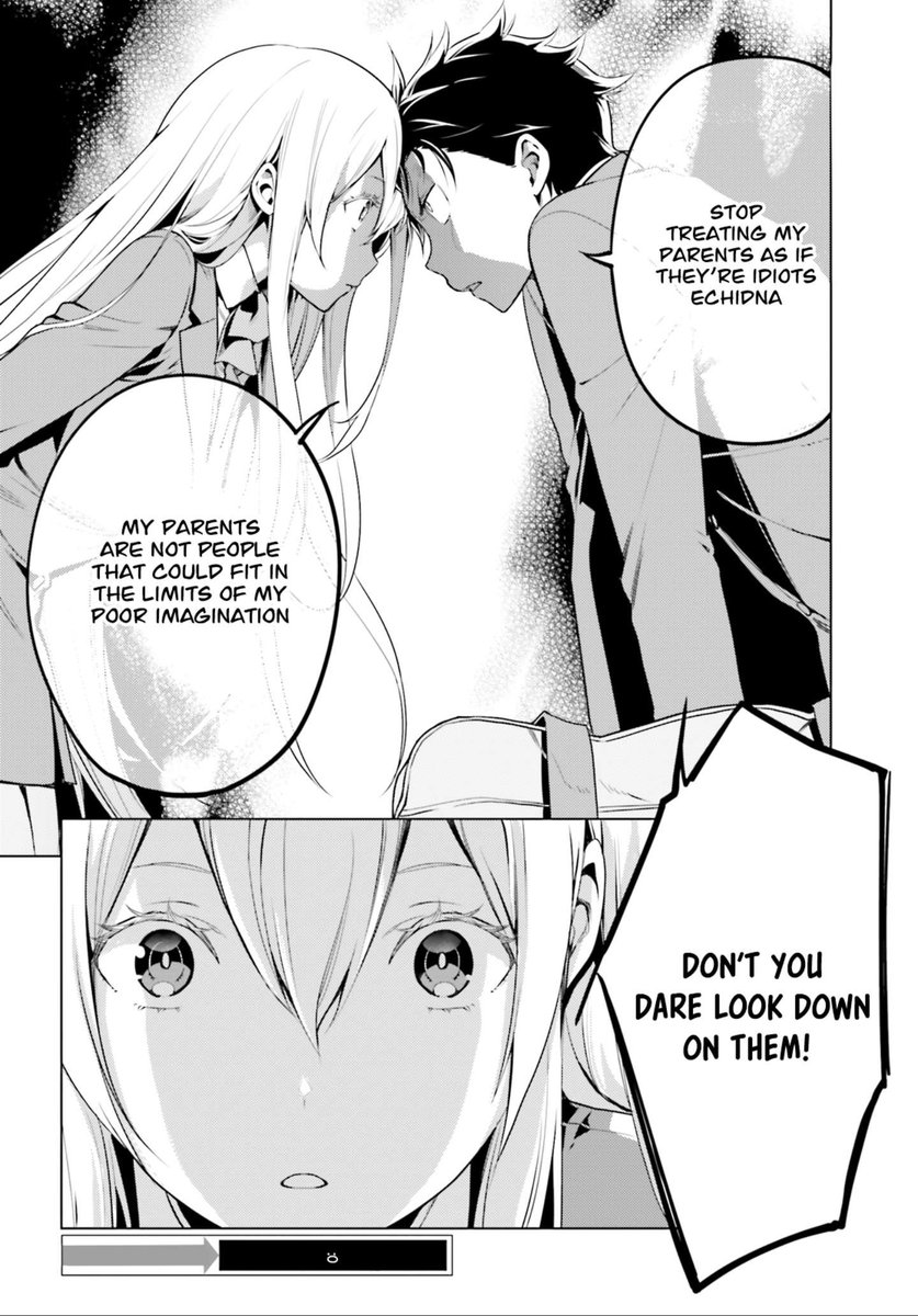 ai21_react19's tweet photo. This is one of my fav scenes in all Re:Zero. Seeing how much respect Subaru holds for his parents and watching him shut down Echidna for mocking and looking down on them was so satisfying to see. Shame the anime didn't emphasize it enough with his expression but atleast Manga did https://t.co/h4mCUV4T6P