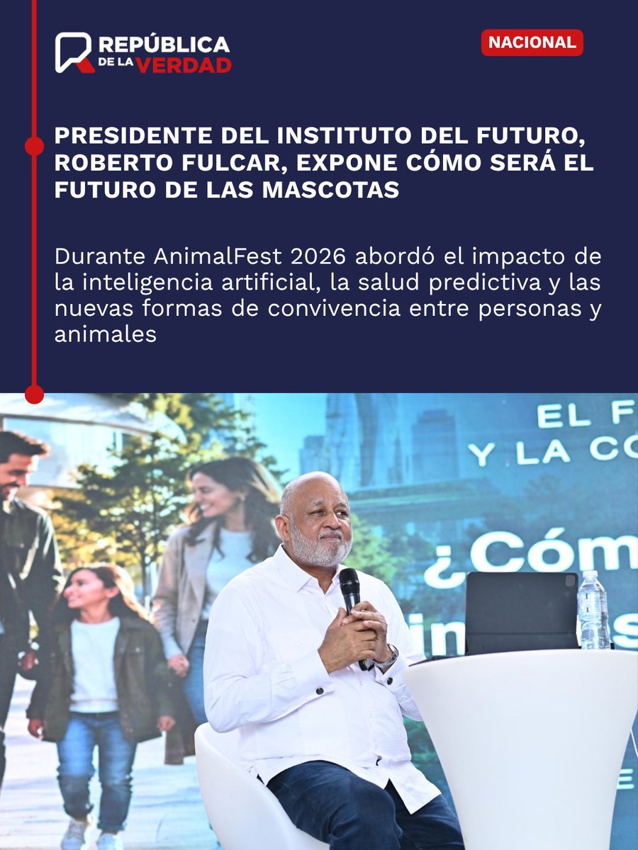 republicaverdad's tweet photo. Roberto Fulcar proyectó en AnimalFest 2026 cómo la IA, la salud predictiva y otras tecnologías podrían transformar el cuidado de las mascotas, pero advirtió que más tecnología no garantiza mayor bienestar.

“El futuro no será ‘de las mascotas’; será de la convivencia”. https://t.co/qRwGVqE2sk